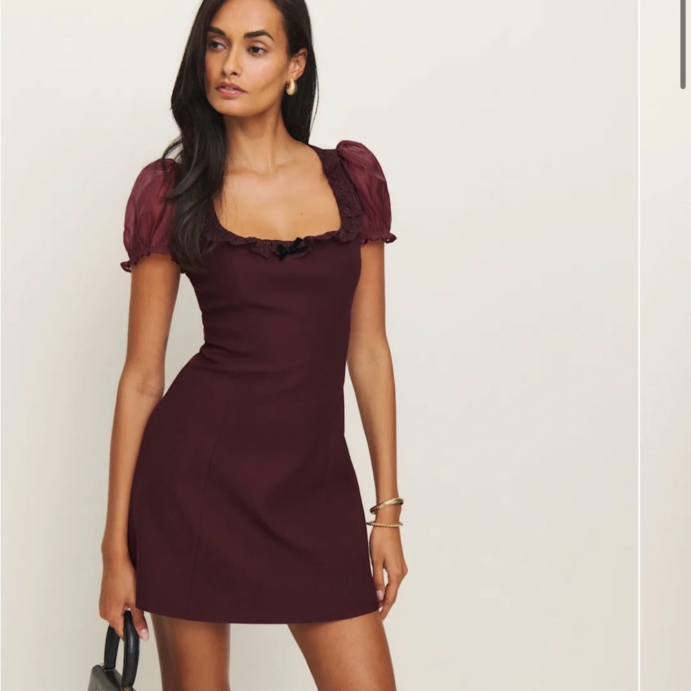 Reformation Burgundy Mini Dress with Puff Sleeves